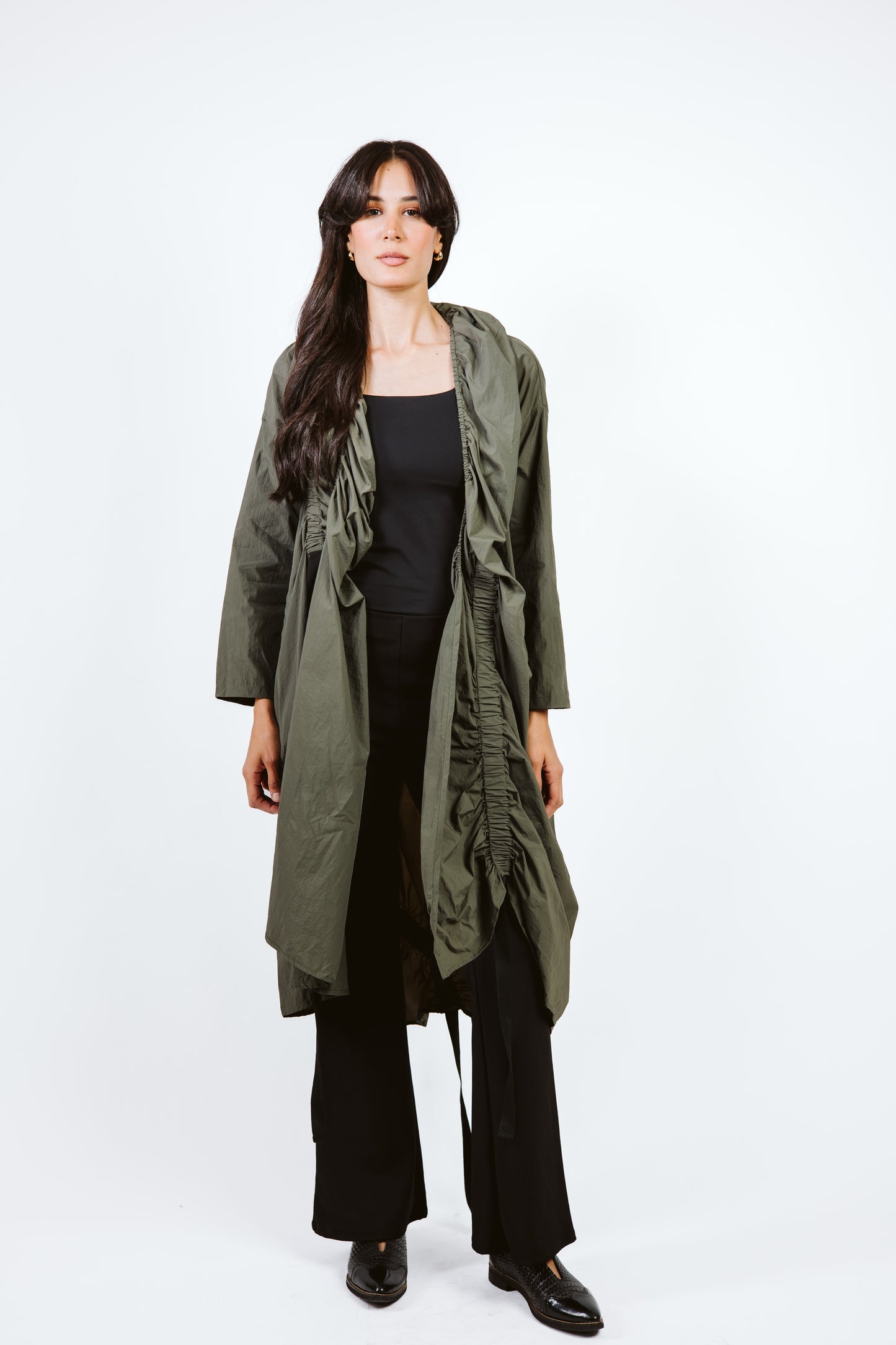 Elastic Crushed Long Cardigan Dark Olive