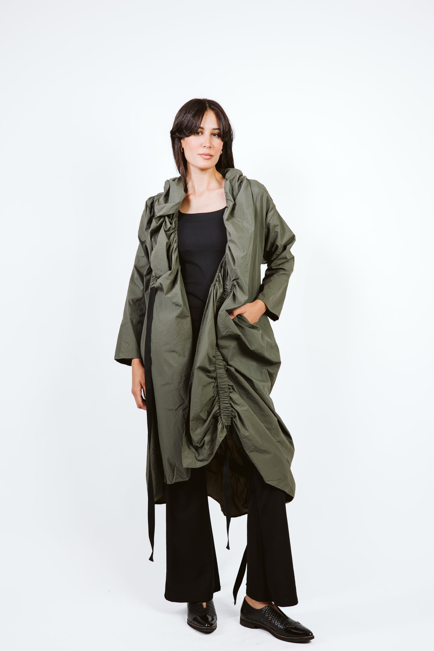 Elastic Crushed Long Cardigan Dark Olive