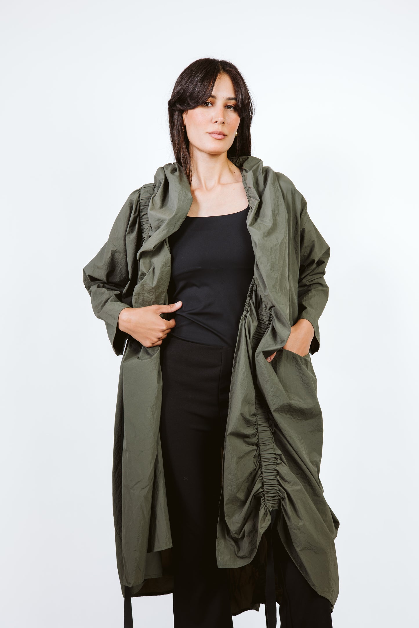 Elastic Crushed Long Cardigan Dark Olive