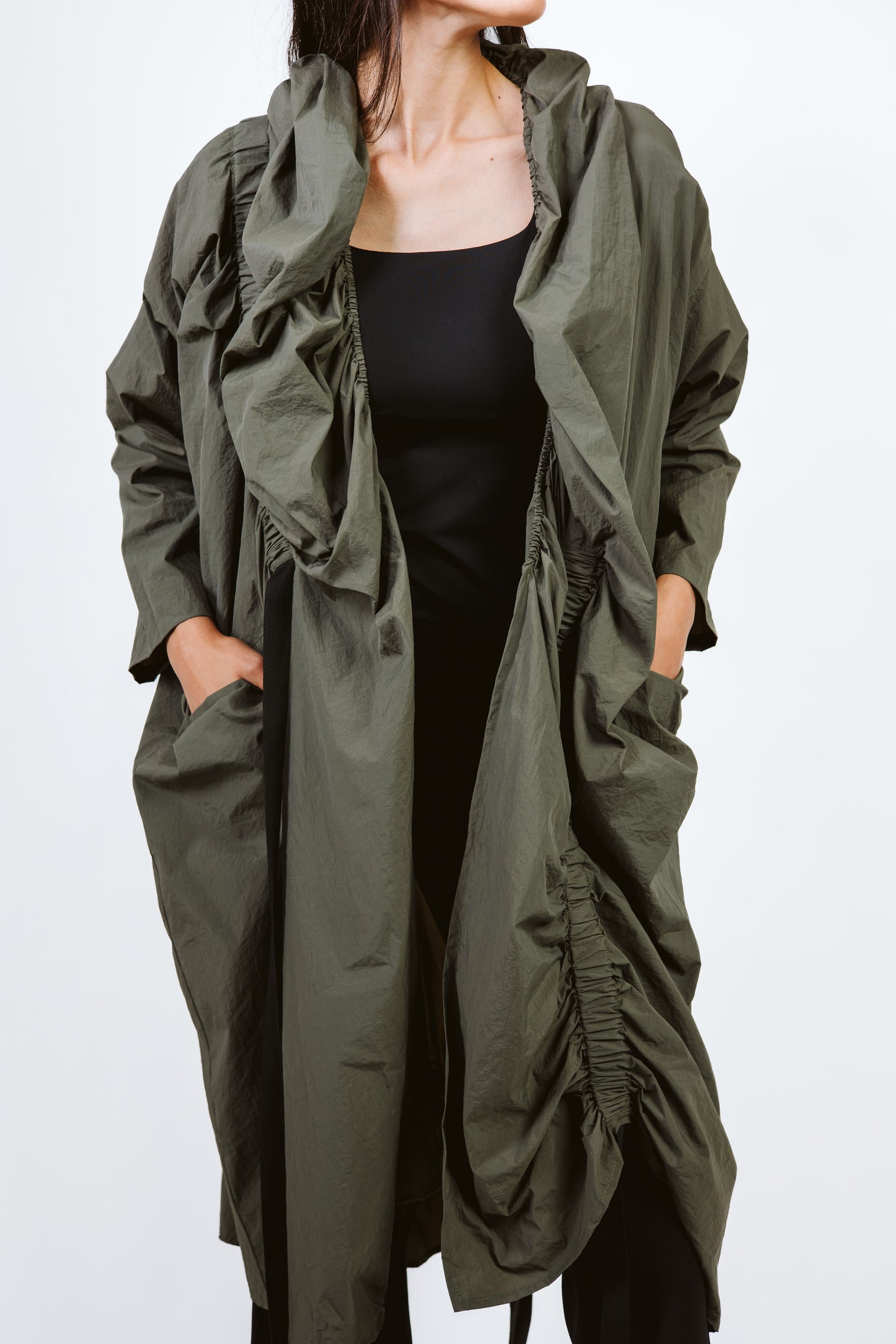 Elastic Crushed Long Cardigan Dark Olive