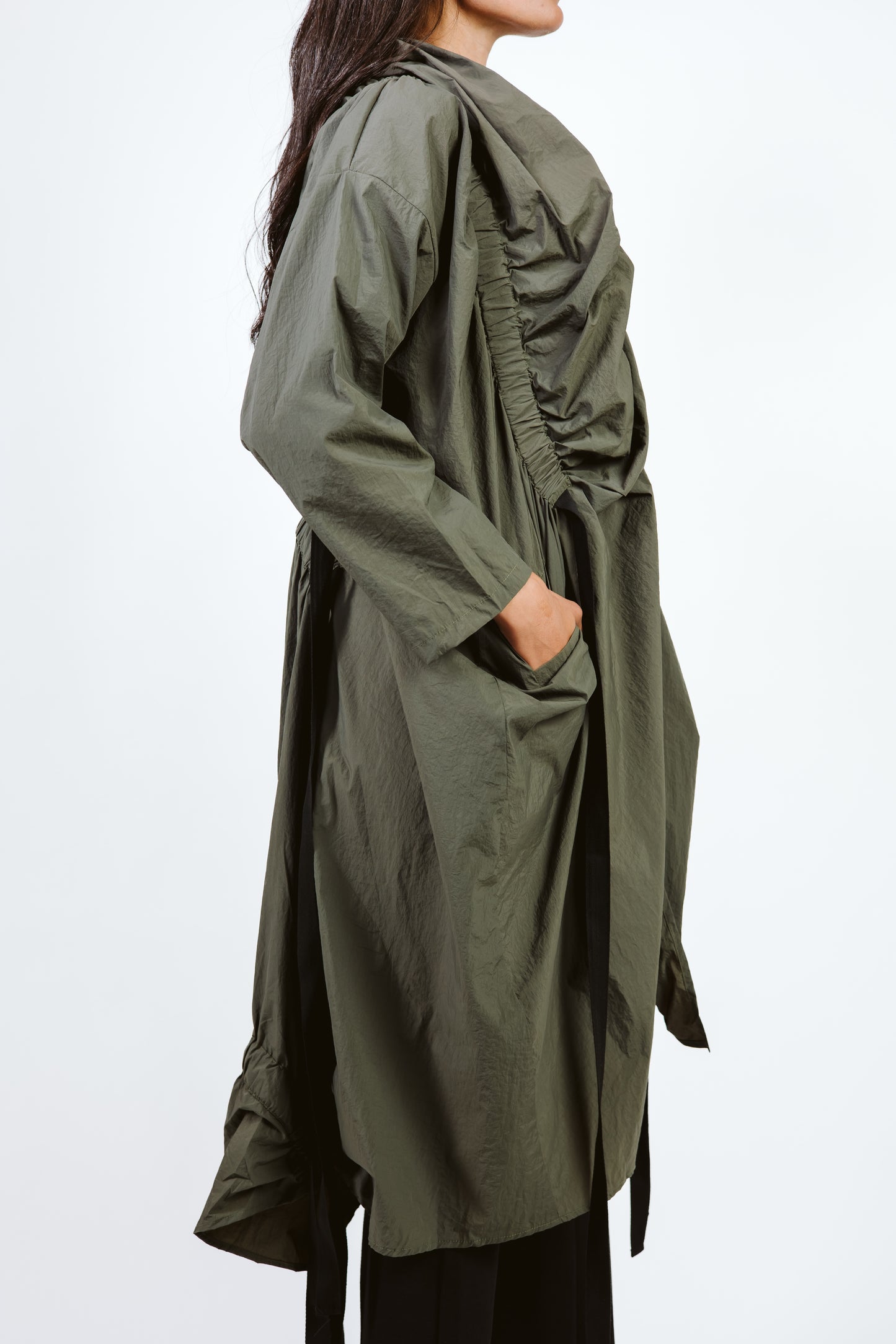 Elastic Crushed Long Cardigan Dark Olive