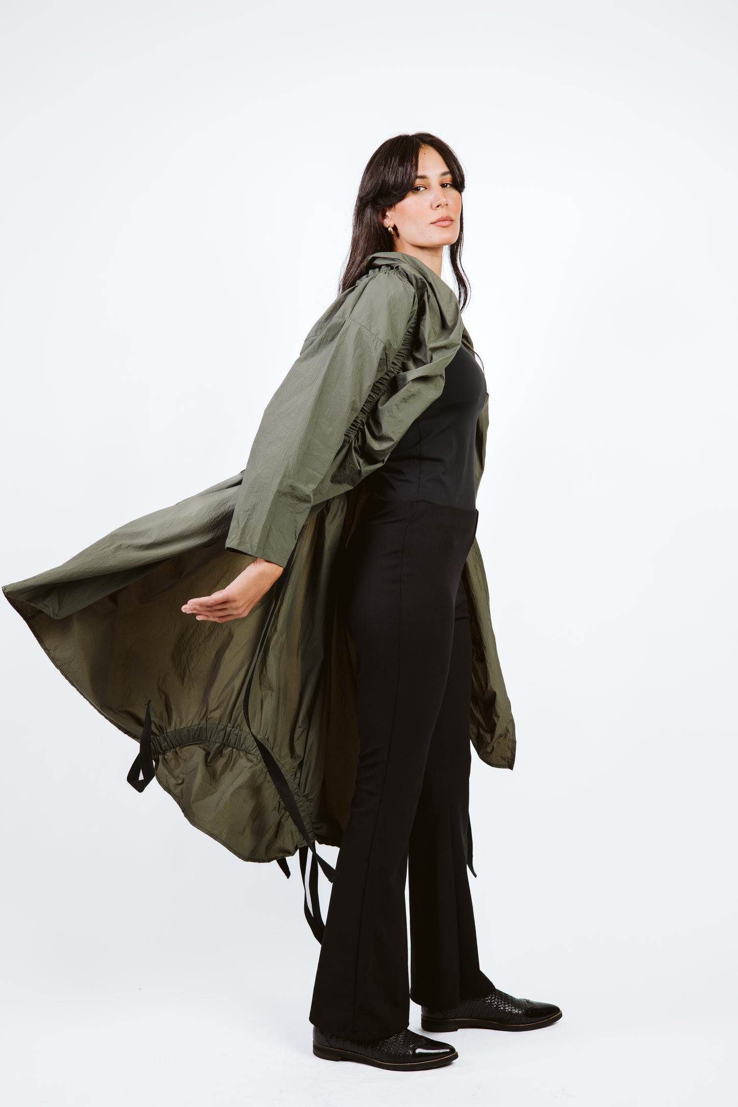 Elastic Crushed Long Cardigan Dark Olive