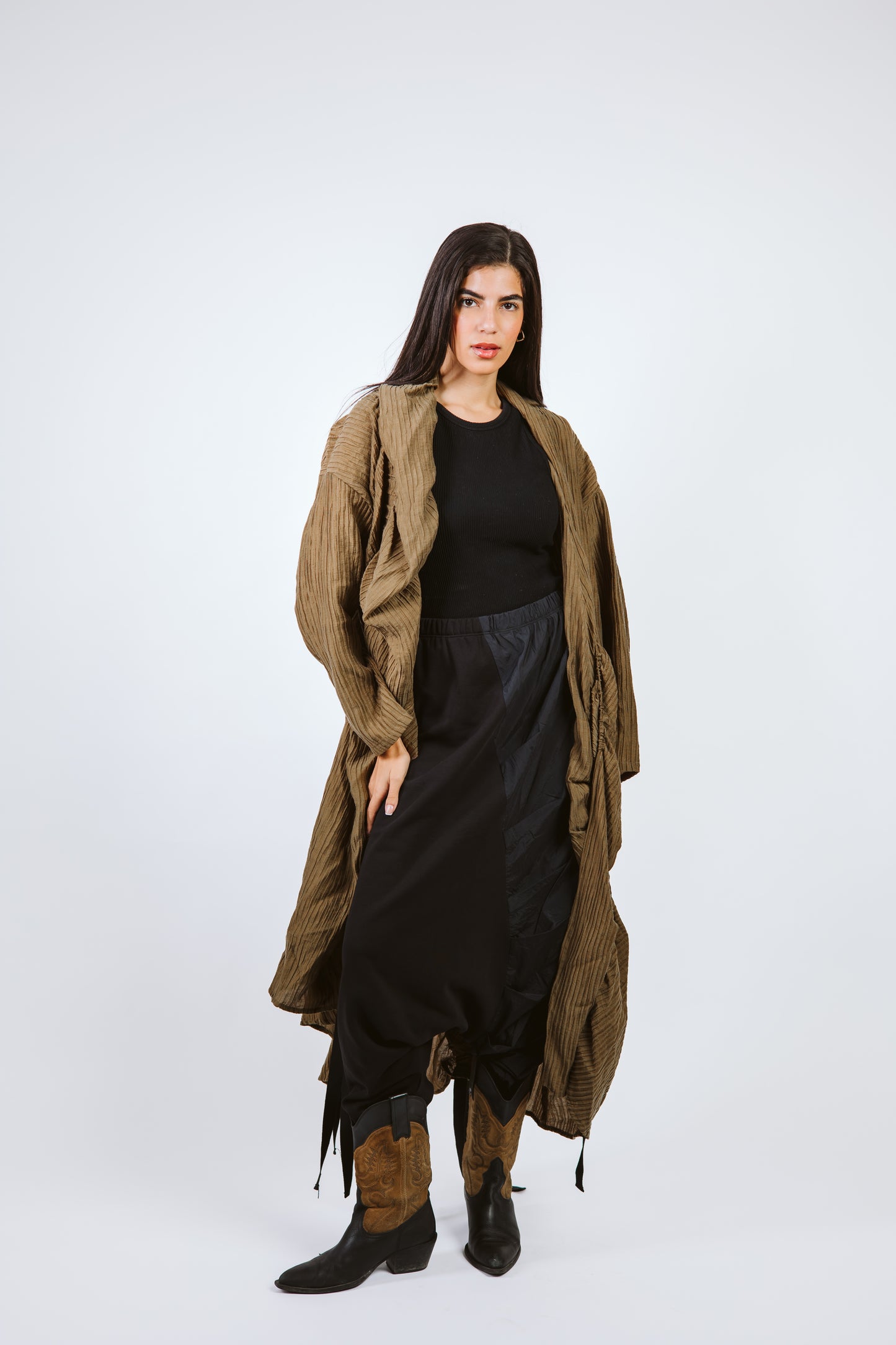 Elastic Crushed Long Cardigan Dark Olive/Brown