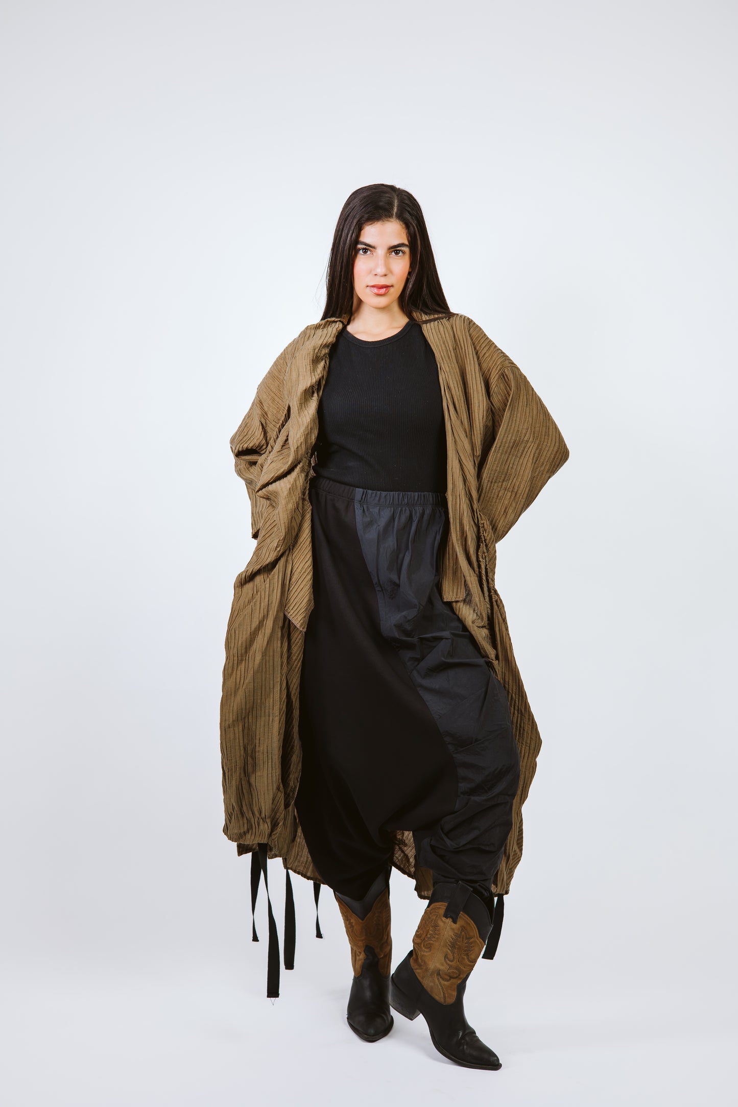 Elastic Crushed Long Cardigan Dark Olive/Brown