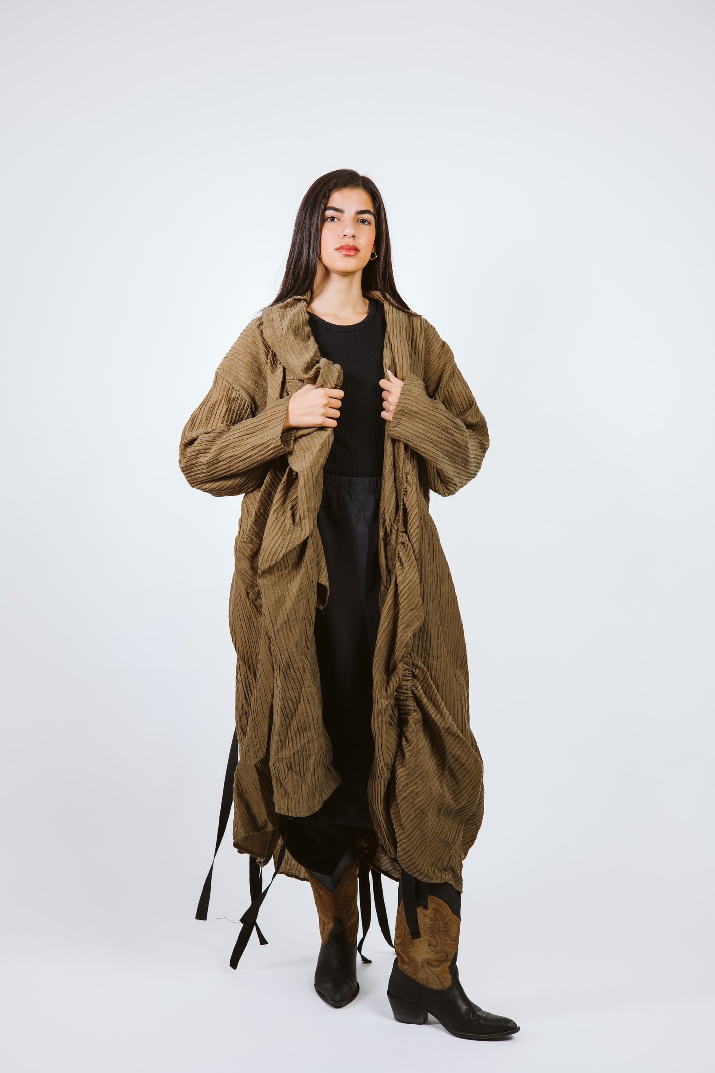 Elastic Crushed Long Cardigan Dark Olive/Brown