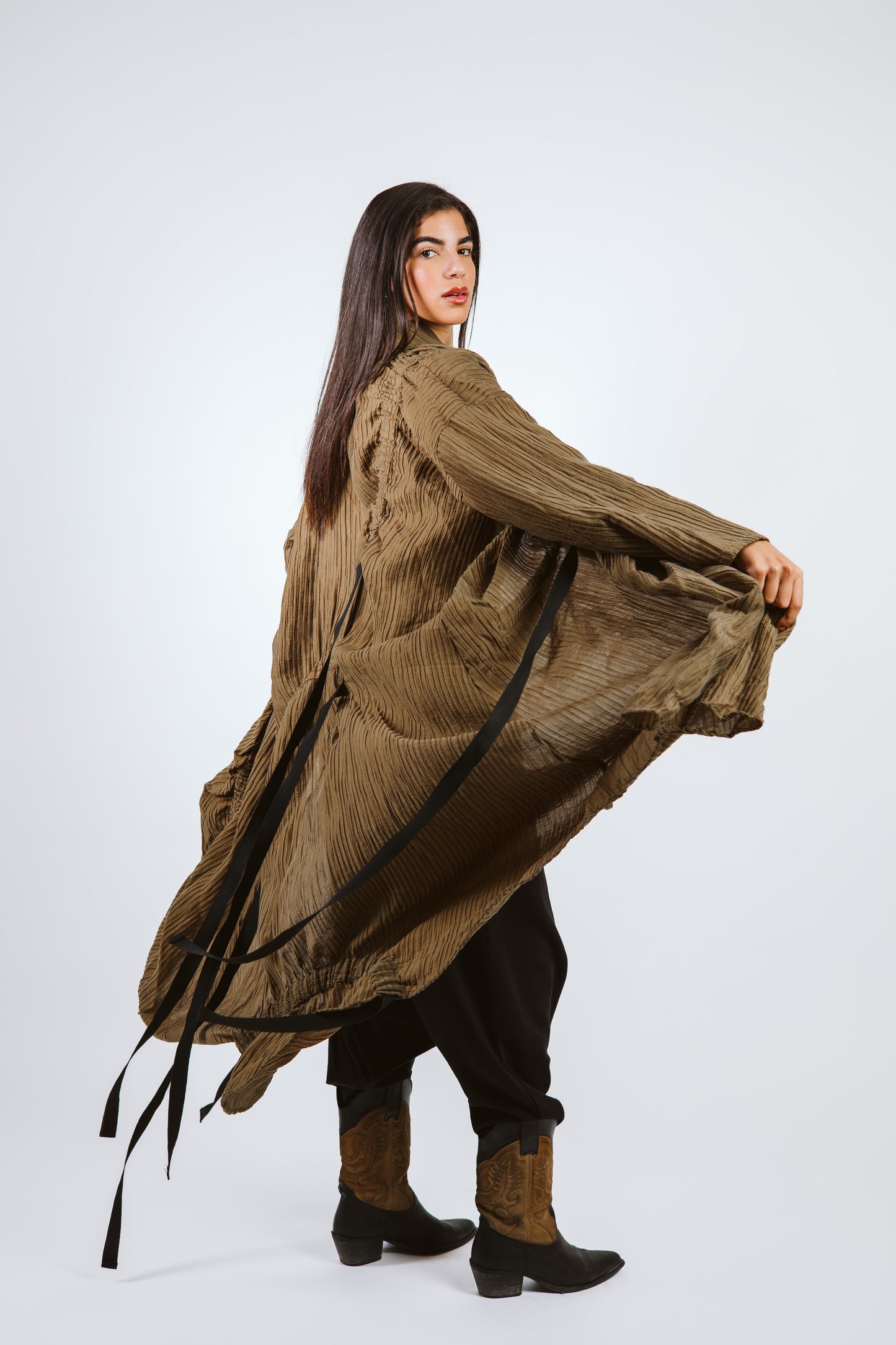 Elastic Crushed Long Cardigan Dark Olive/Brown