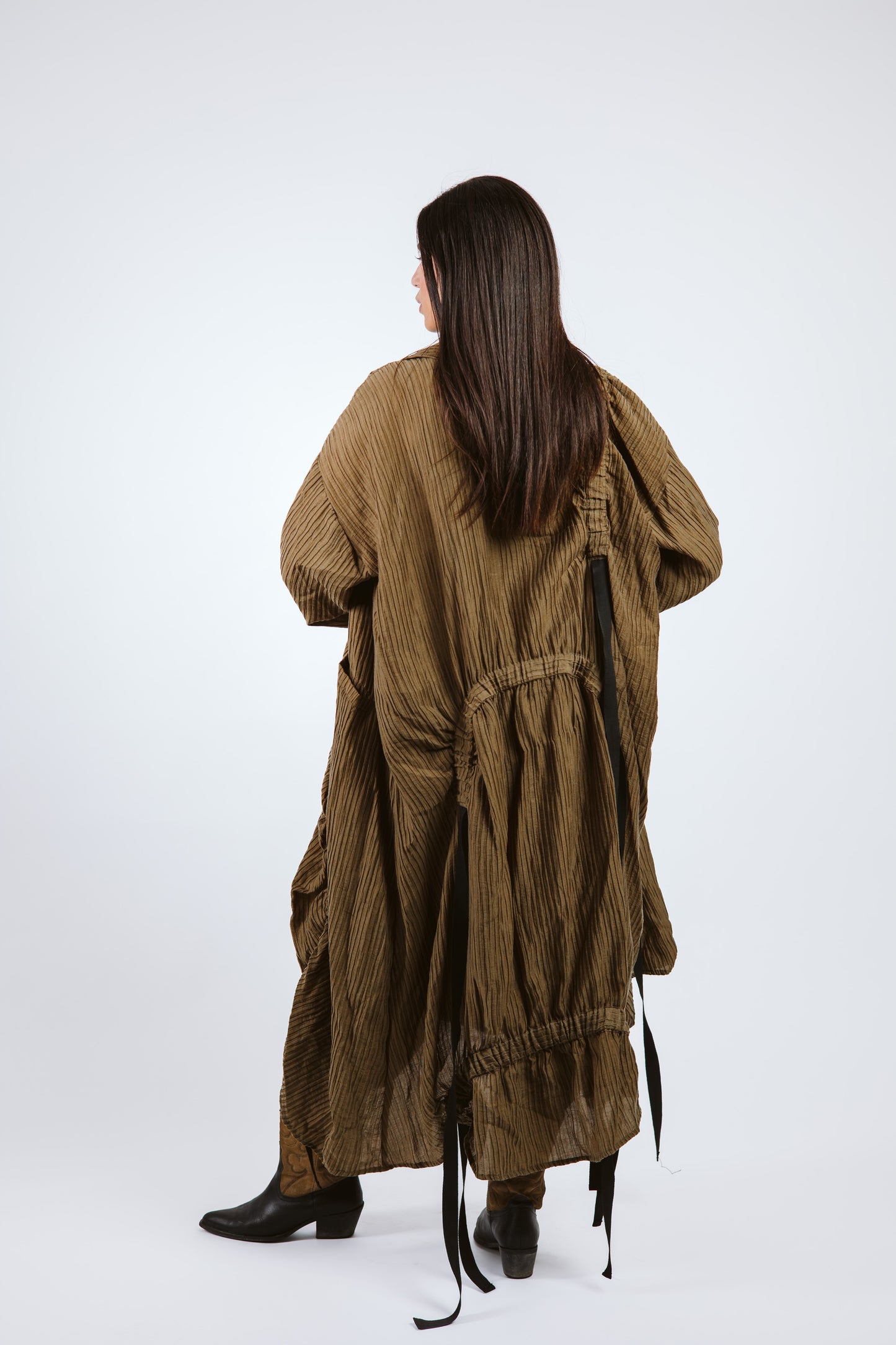 Elastic Crushed Long Cardigan Dark Olive/Brown