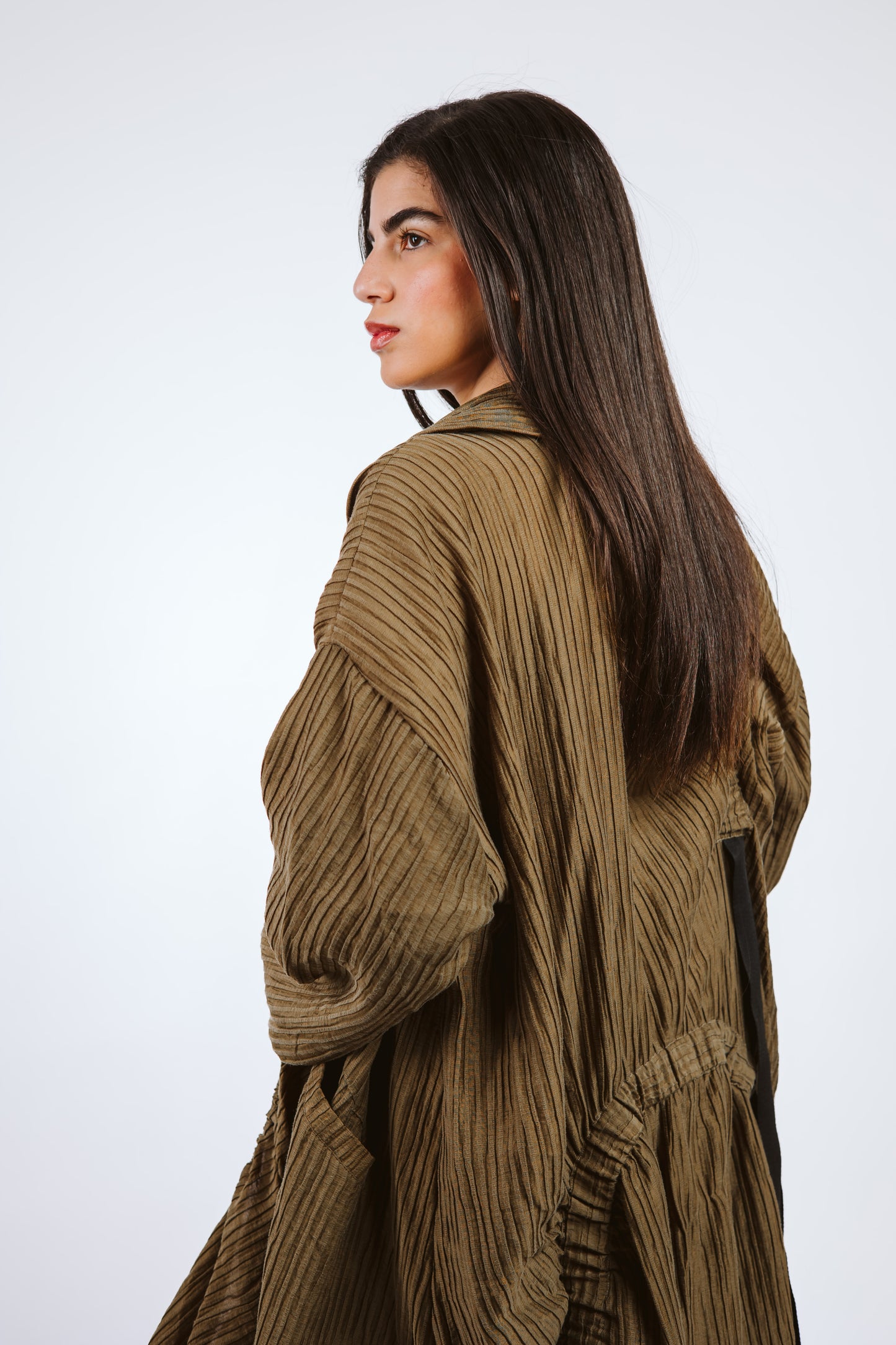 Elastic Crushed Long Cardigan Dark Olive/Brown