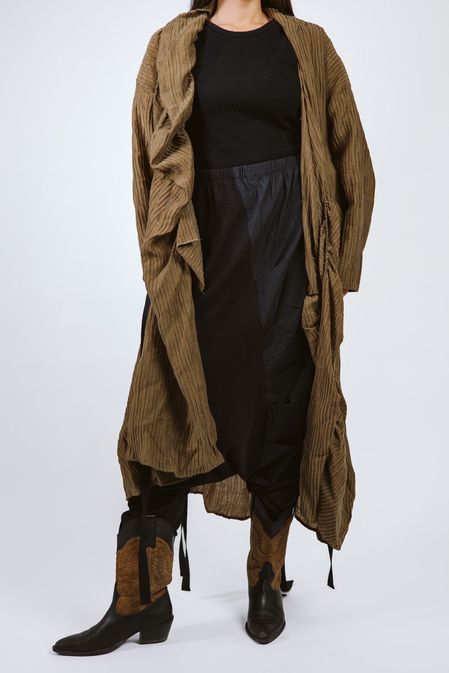 Elastic Crushed Long Cardigan Dark Olive/Brown