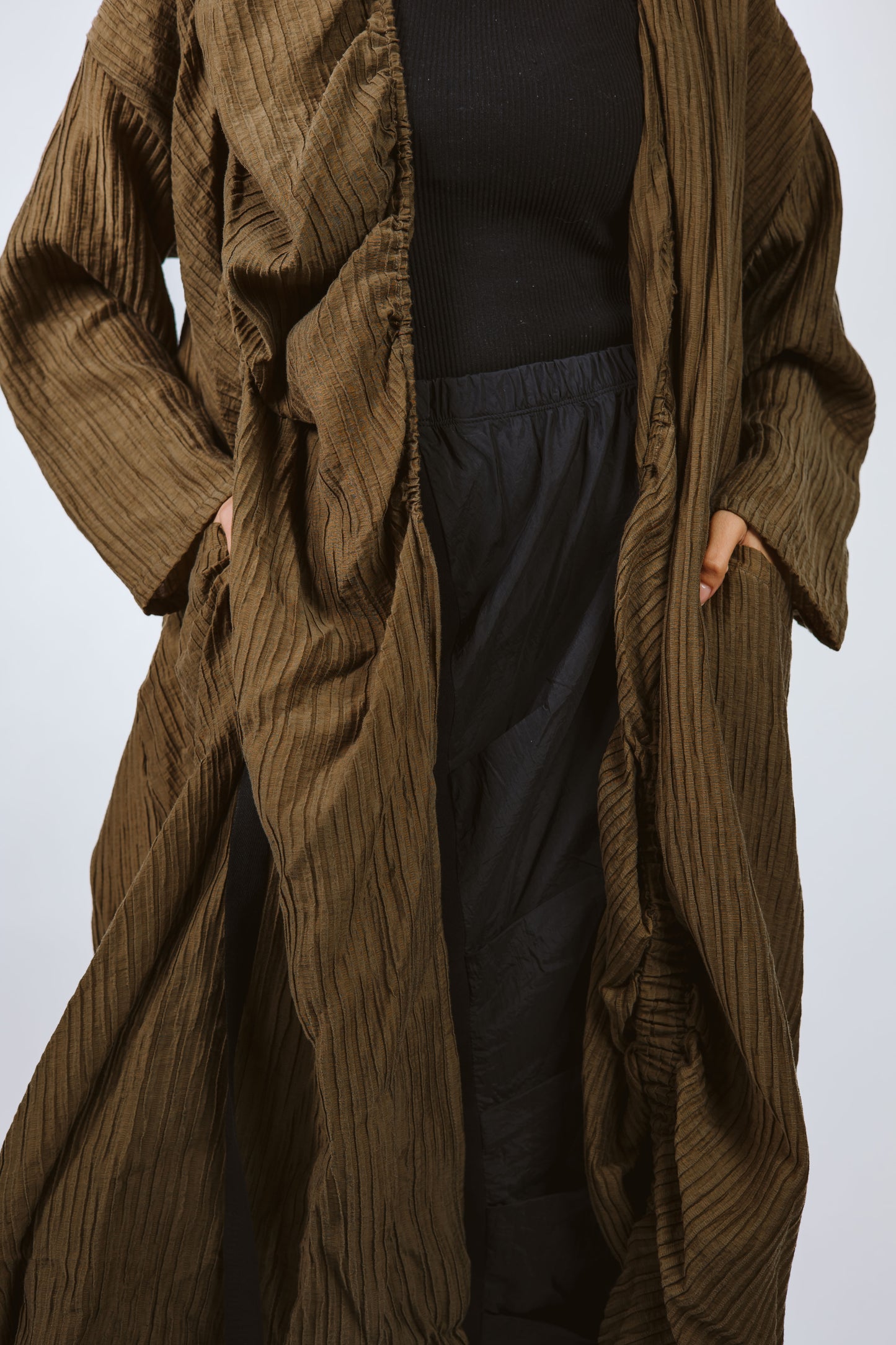 Elastic Crushed Long Cardigan Dark Olive/Brown