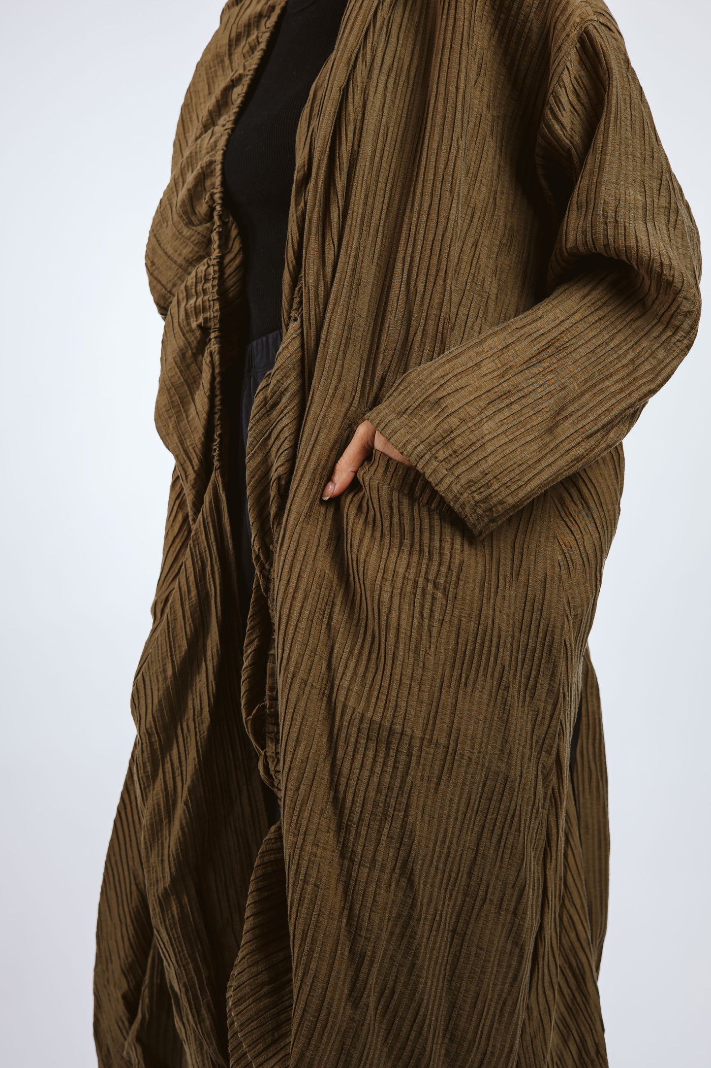 Elastic Crushed Long Cardigan Dark Olive/Brown