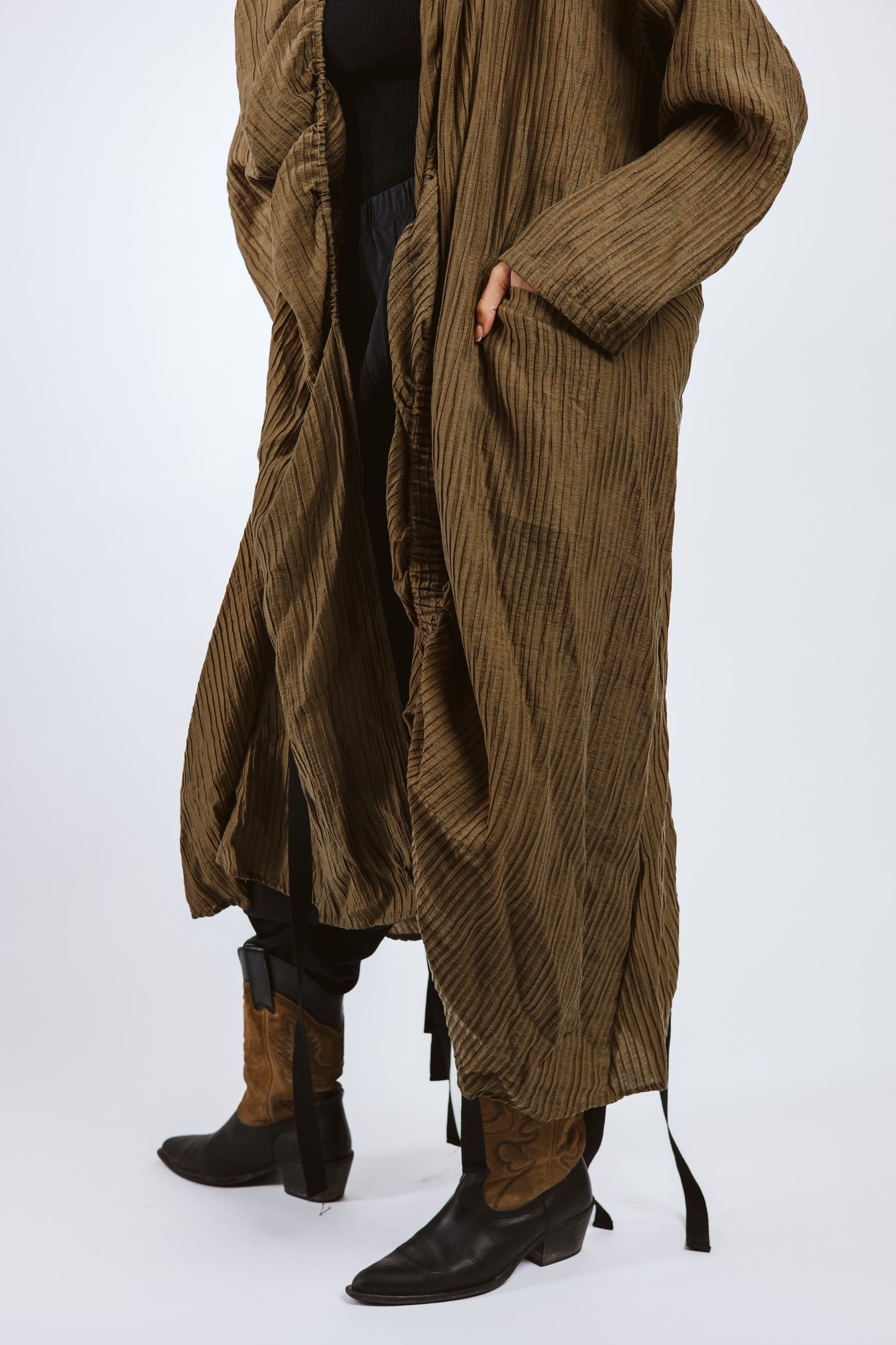 Elastic Crushed Long Cardigan Dark Olive/Brown