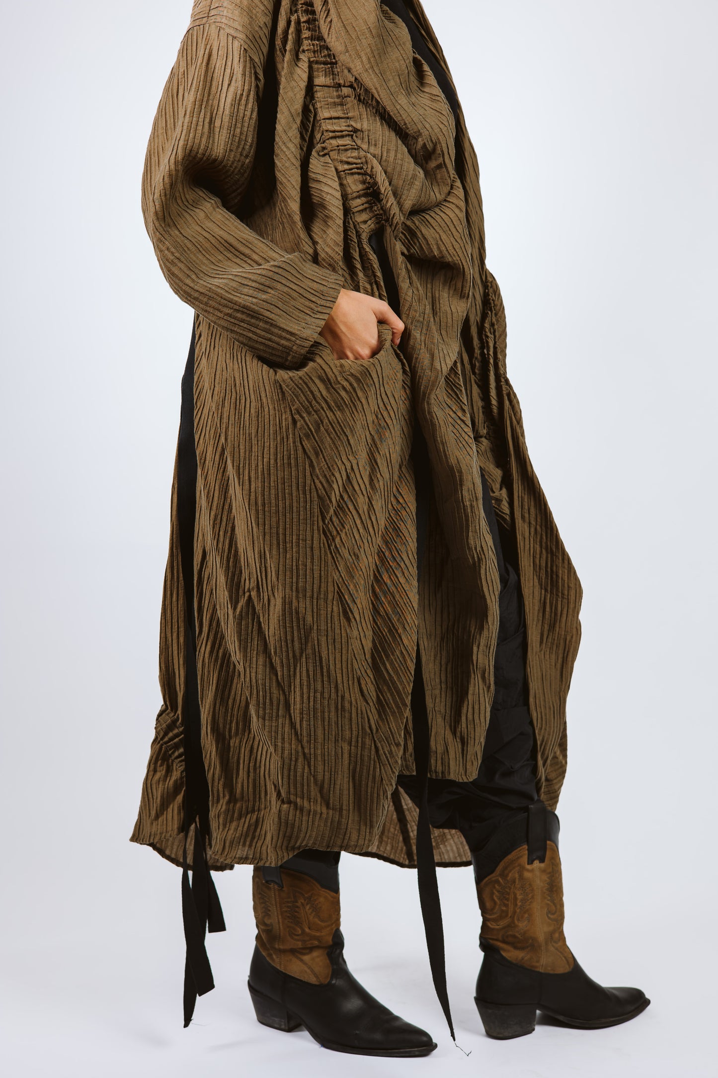 Elastic Crushed Long Cardigan Dark Olive/Brown