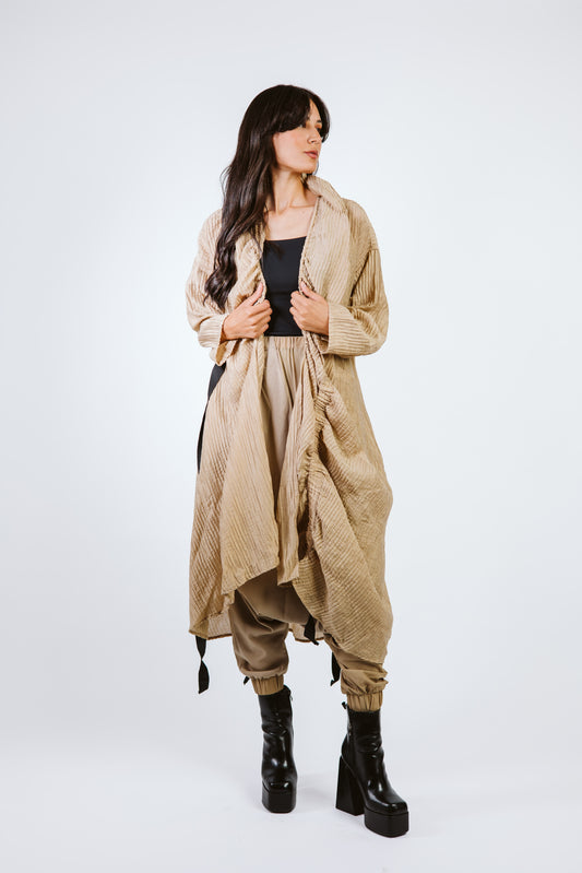 Elastic Crushed Long Cardigan Beige